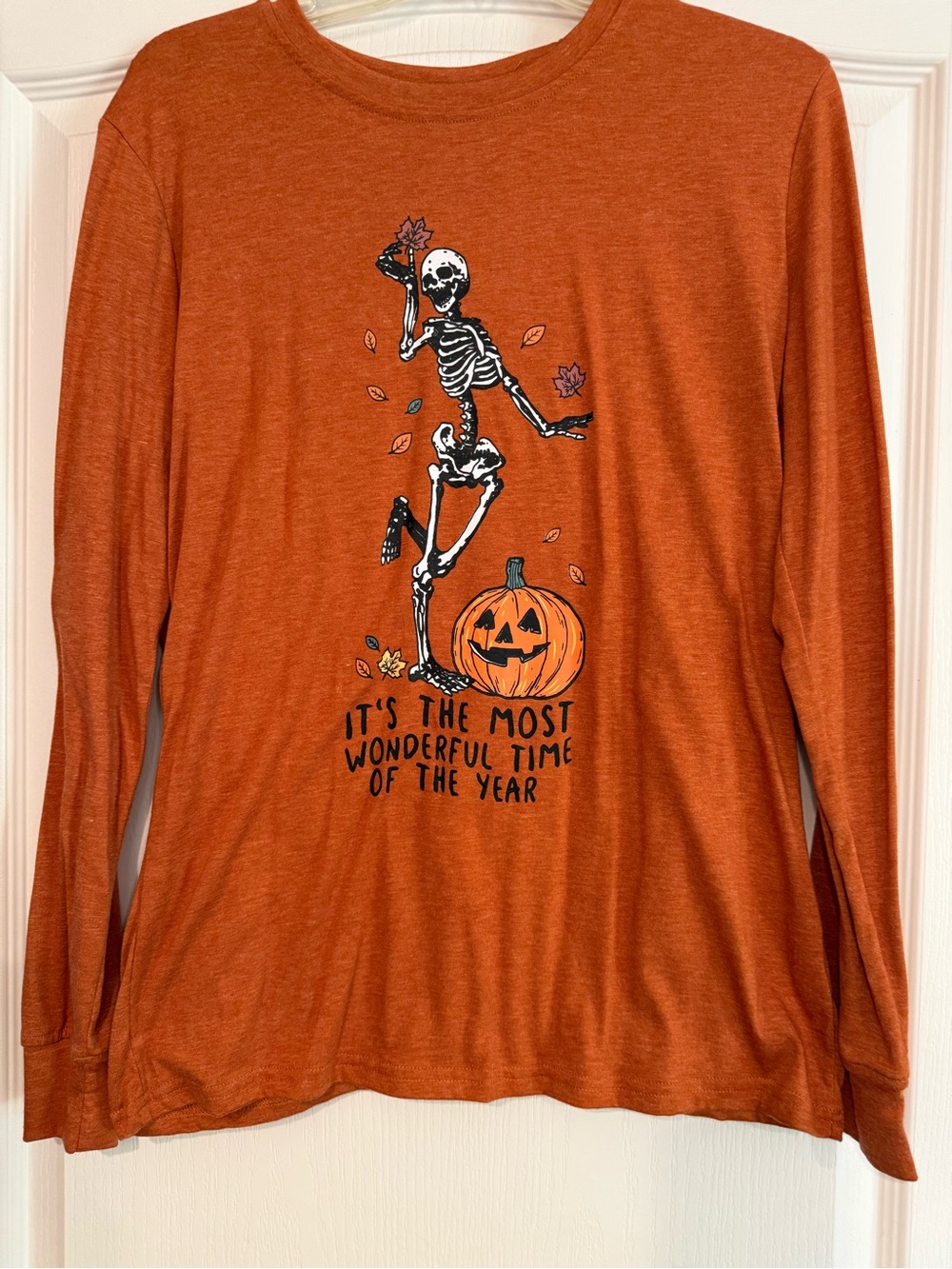 Women's Orange Halloween Skeleton Graphic Long Sleeve Top